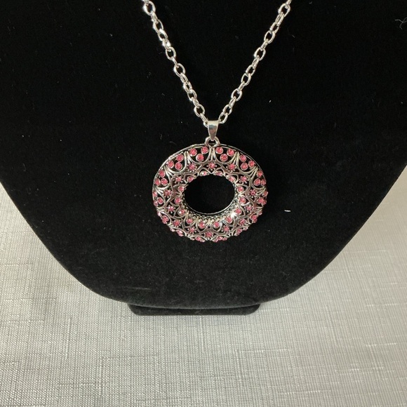 Pink Rhinestone Silver Tone Necklace and Pendant - Picture 1 of 3